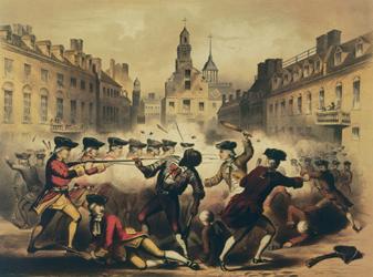 Lithograph image of Boston Massacre, showing a battle between British soldiers and colonists with Crispus Attucks, a Black and Indigenous man, at the front and center.